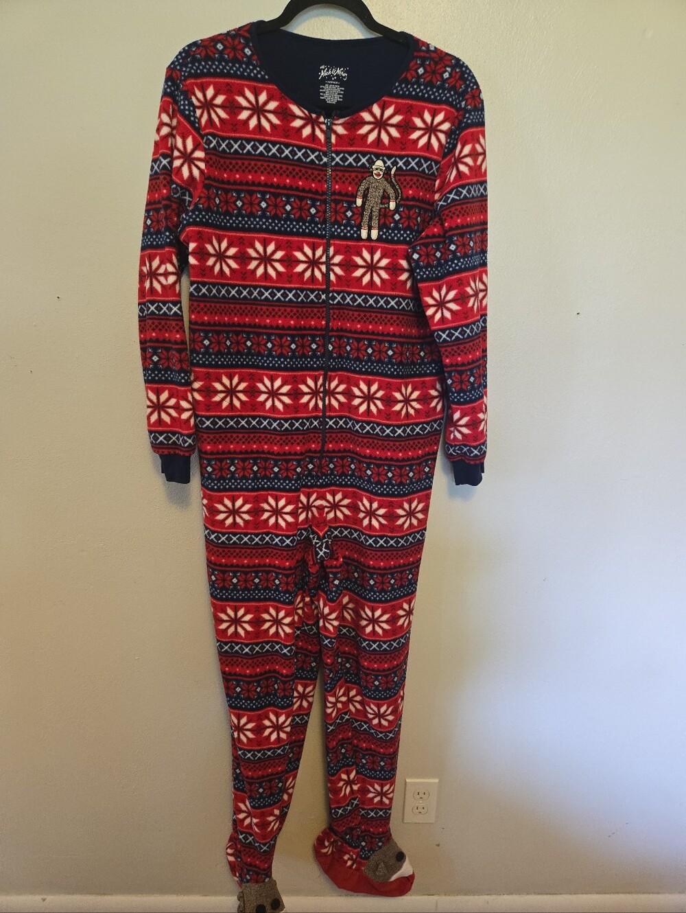 Nick & Nora One Piece Footie Pajamas Sock Monkey Snowflakes Red Navy Womens M